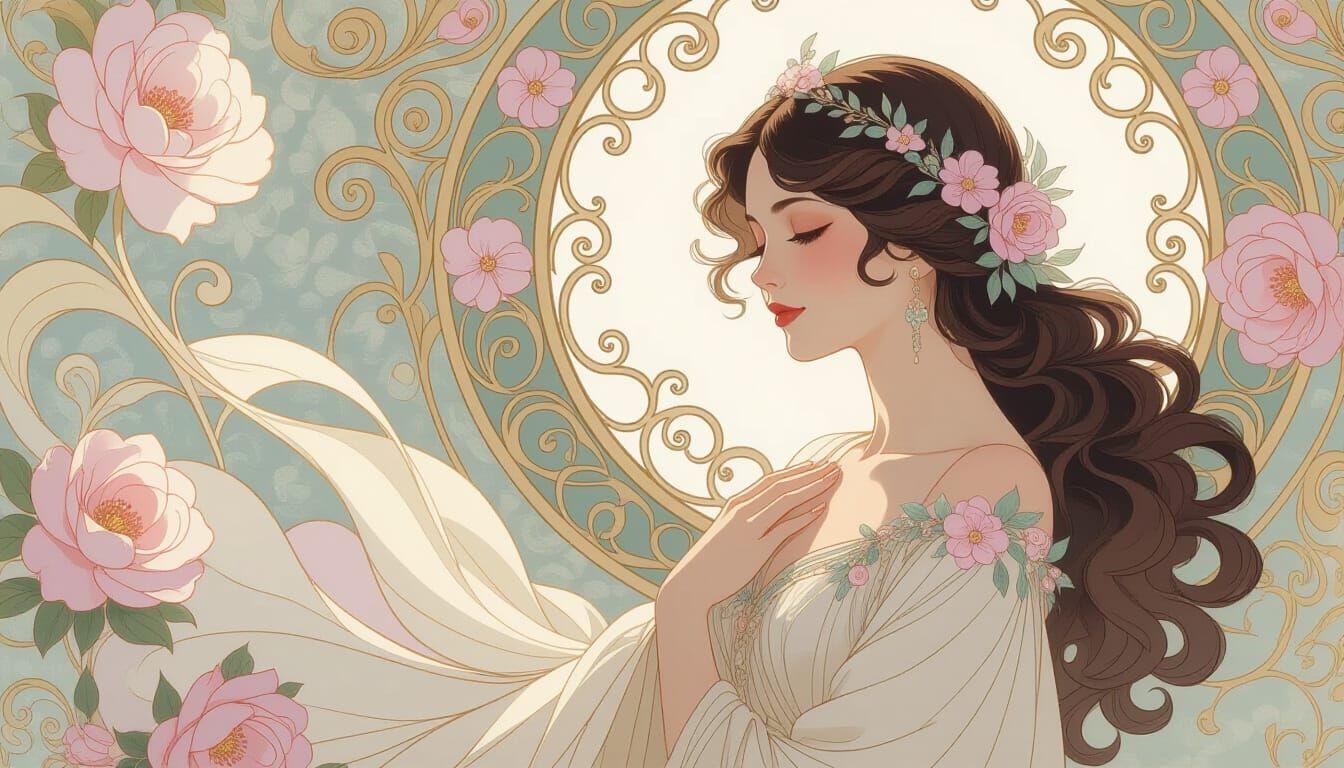 Art Nouveau Woman With Floral Patterns and Inspiring Quotes
