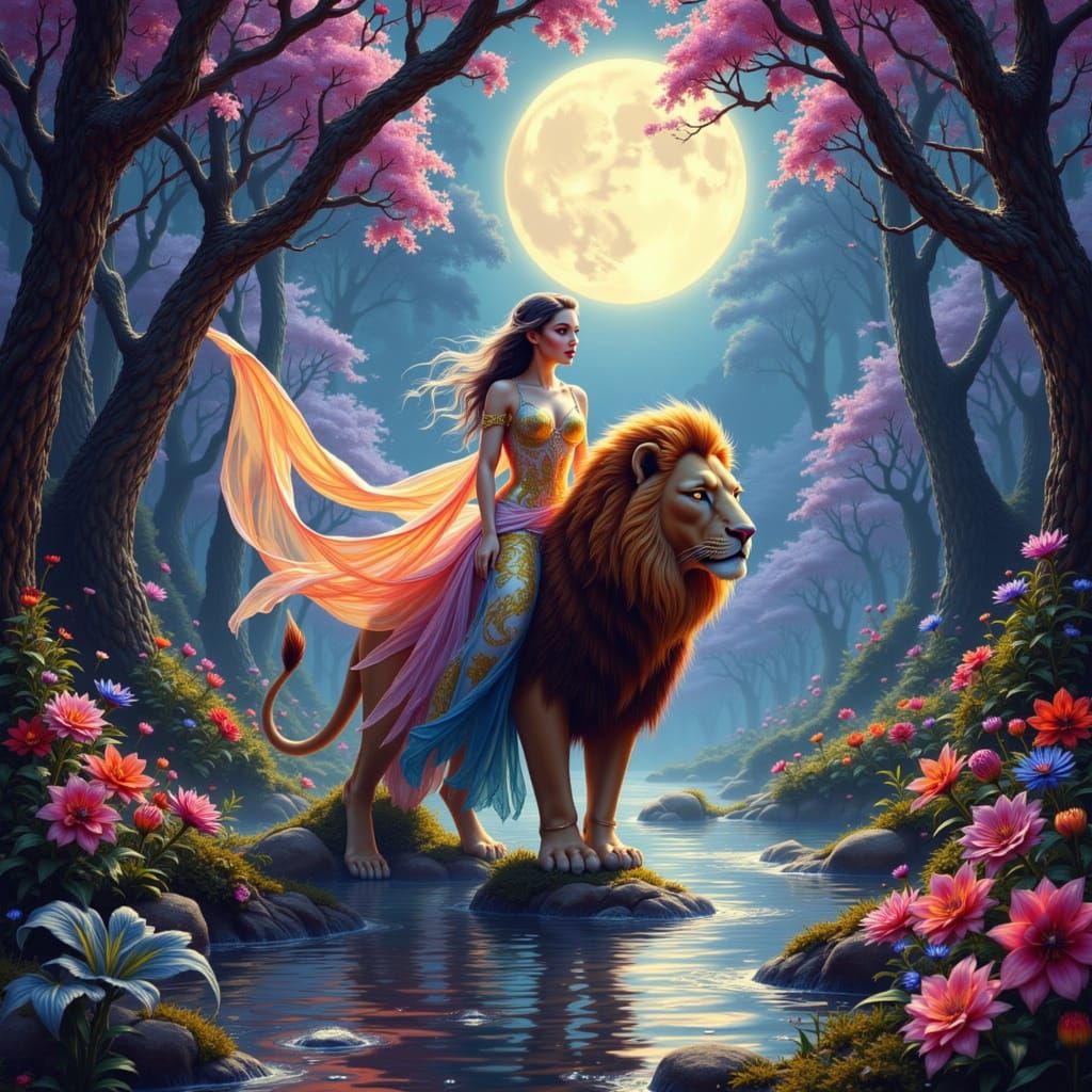 Princess Rides Winged Lion Through Psychedelic Dream Forest
