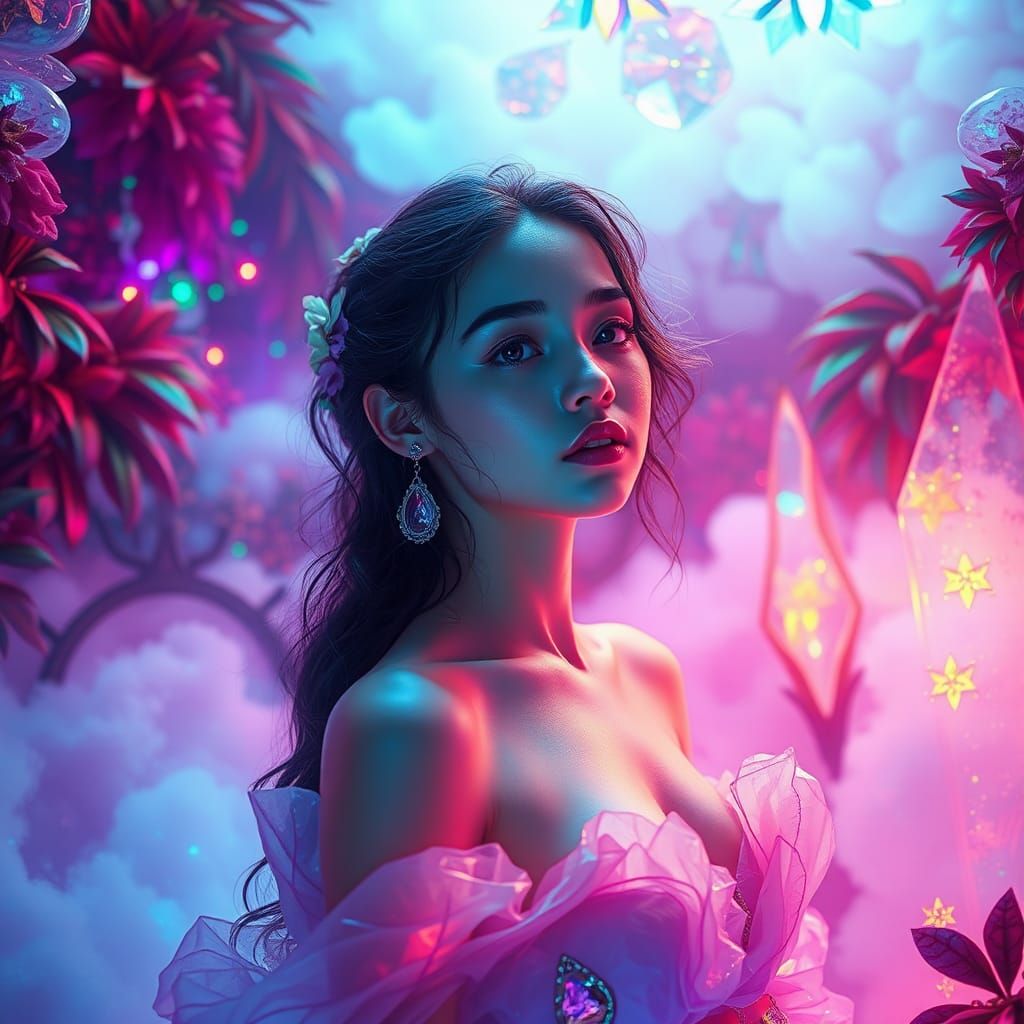 Ethereal Woman in Fluorescent Neon Realm