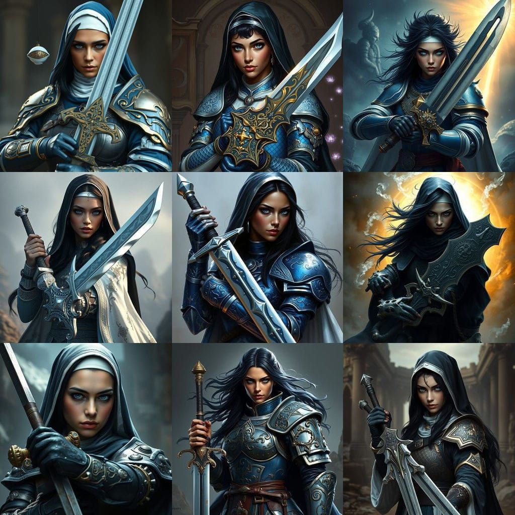 Fantastical Warrior Nun in Epic Blue and White Armor