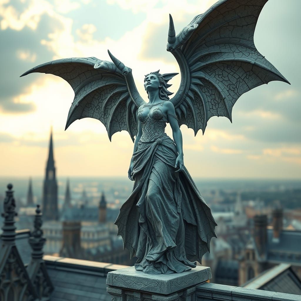 Gargoyle Woman Stone Sculpture on Gothic Rooftop