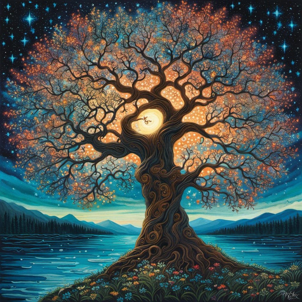 Fractal Tree of Life Under Starry Sky