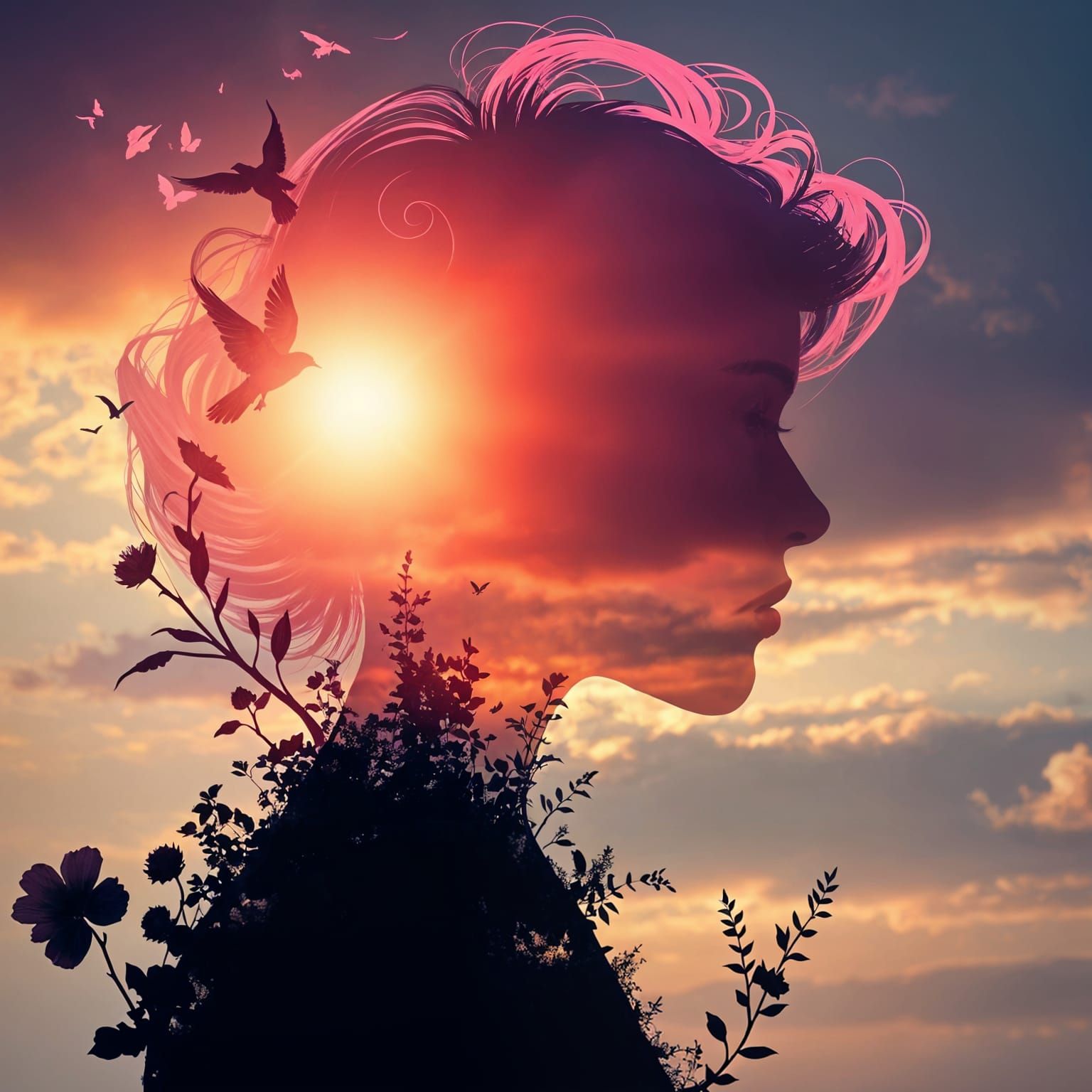 Double Exposure Silhouette with Fantasy Floral Elements