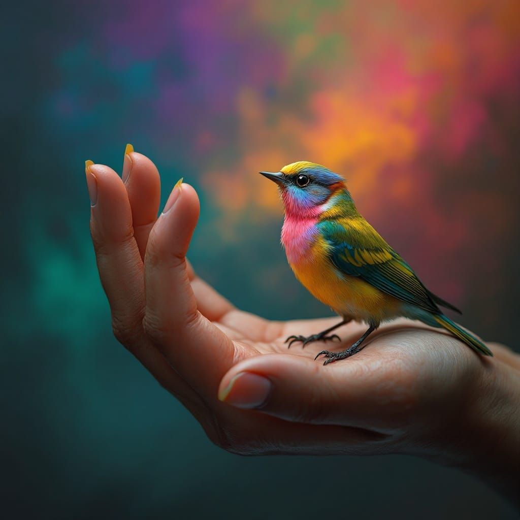 Hyperrealistic Hand Cradles Iridescent Bird in Exquisite Det...