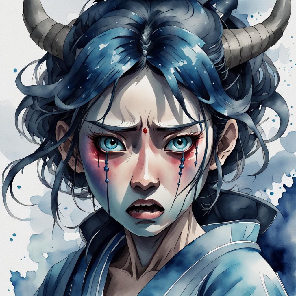 Blue Japanese Demon: Epic Watercolor Illustration