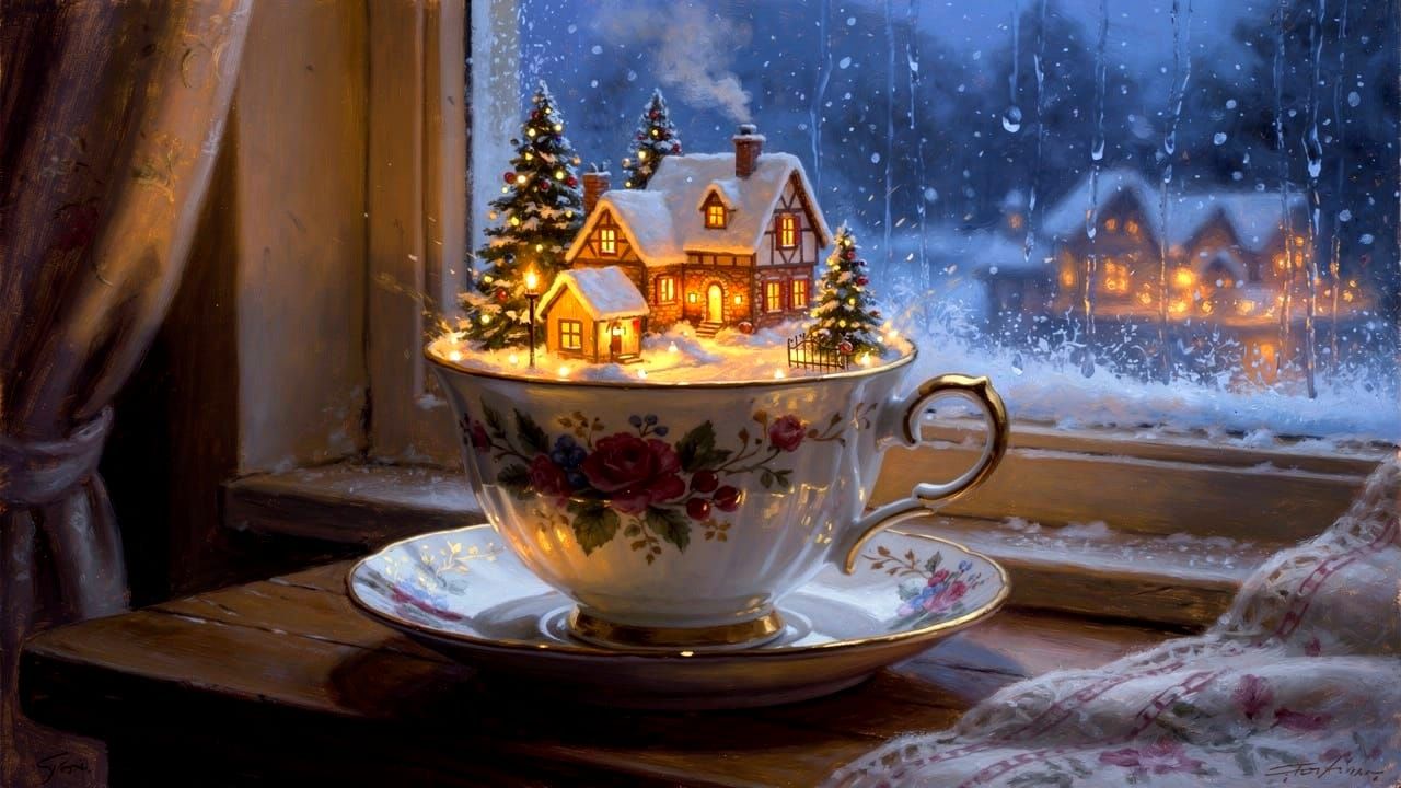 Christmas Eve Glow Teacup Scene in Pre-Raphaelite Style