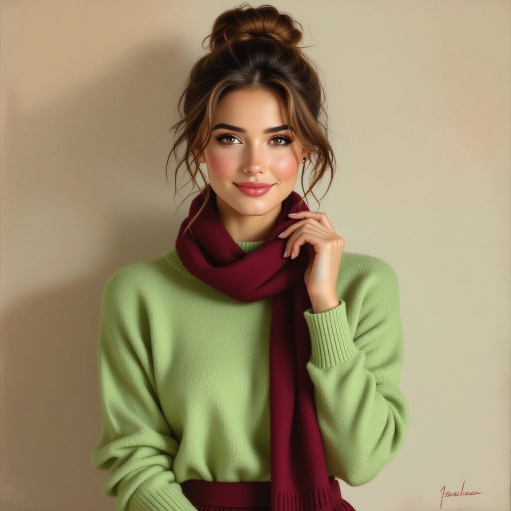 Romantic Oil Painting of a Woman in Green Sweater