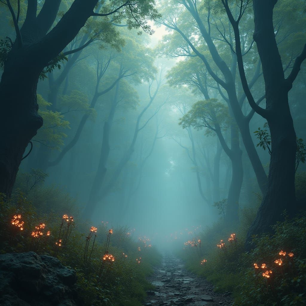 Mystical Forest Realm in Atmospheric Digital Painting Style