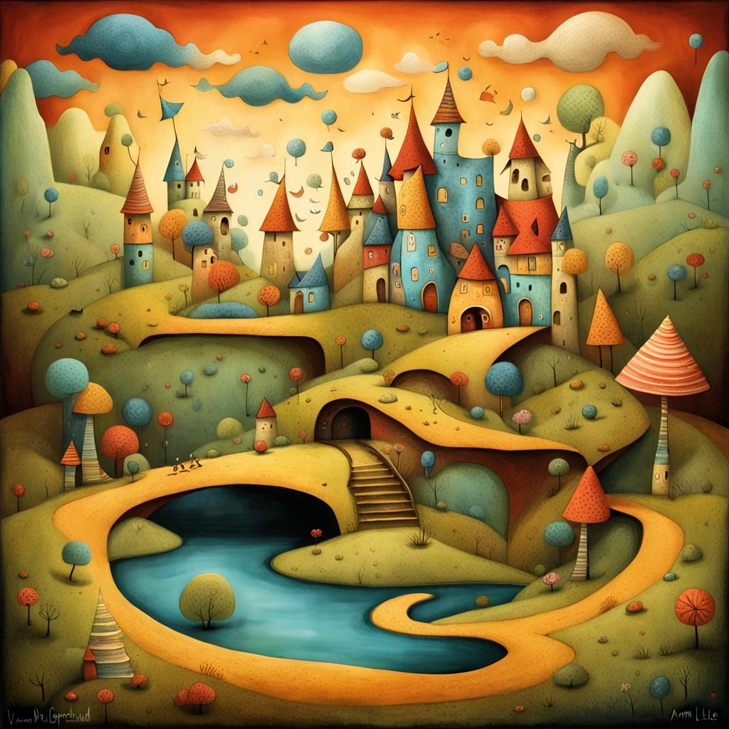 Whimsical Dreamscape Wonderland in Naive Art Style