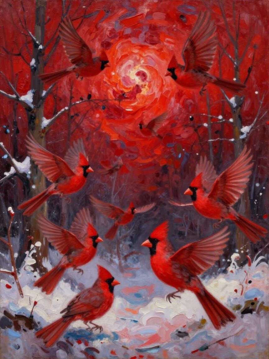 Red Cardinals in Crimson Forest Under Cosmic Sky