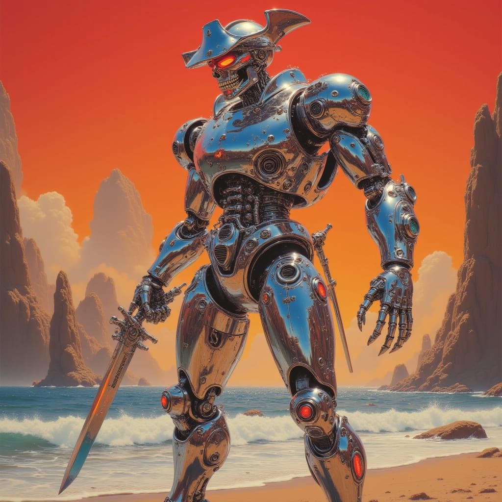 Hyperrealistic Pirate Robot on Beach in 80s Retro-Futuristic...