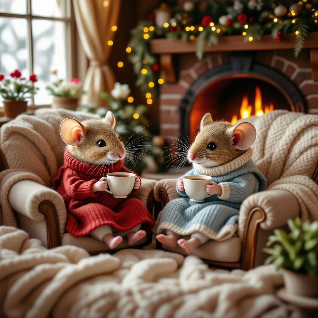 Elderly Mice Knitting in Cosy Winter Home