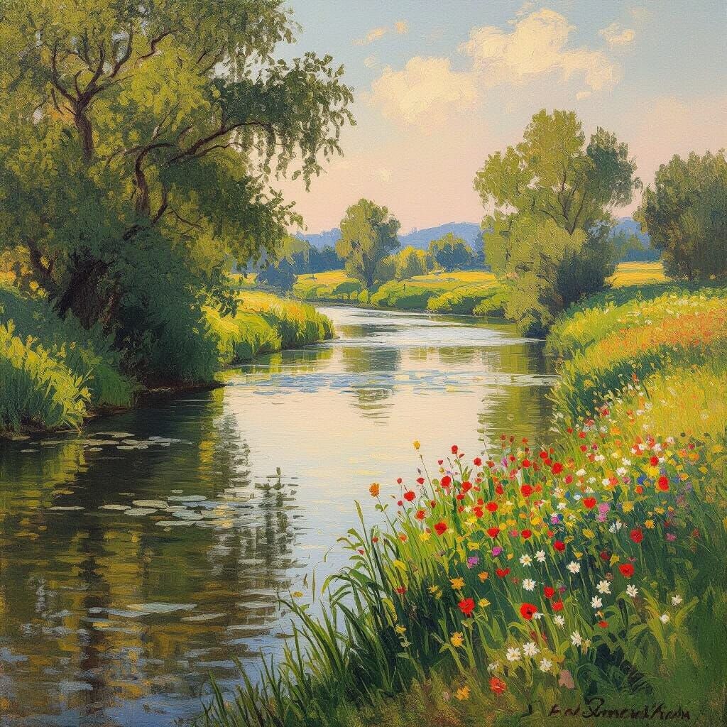 Impressionist River Scene with Lush Greenery