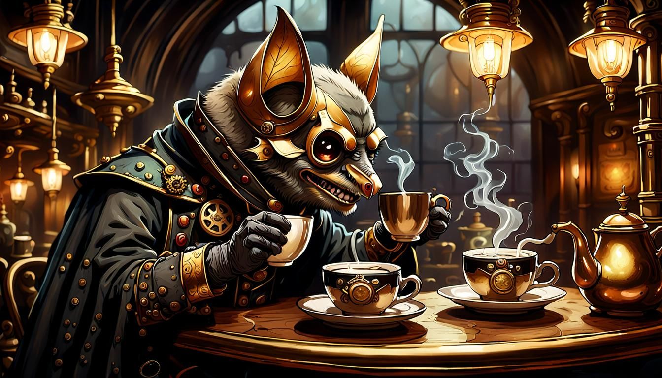 Steampunk Bat's Coffee Break in Dimly Lit Cafe