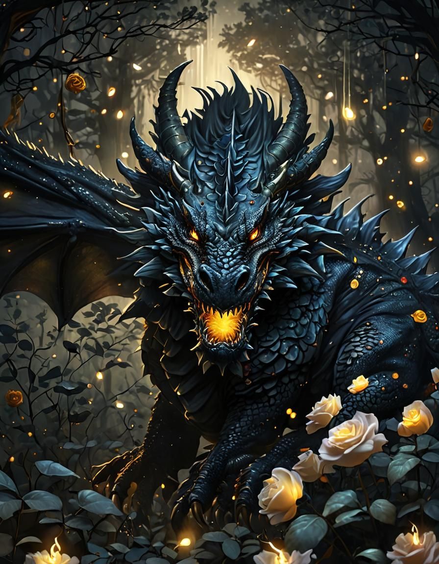 Furious Fluffy Dragon and Rose Fantasy Illustration