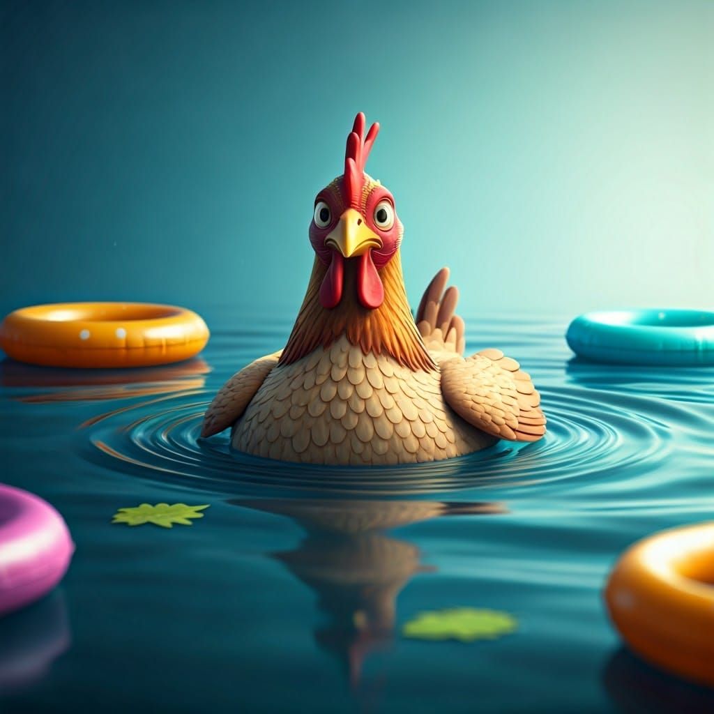 Happy Chicken in Vibrant Pool Scene