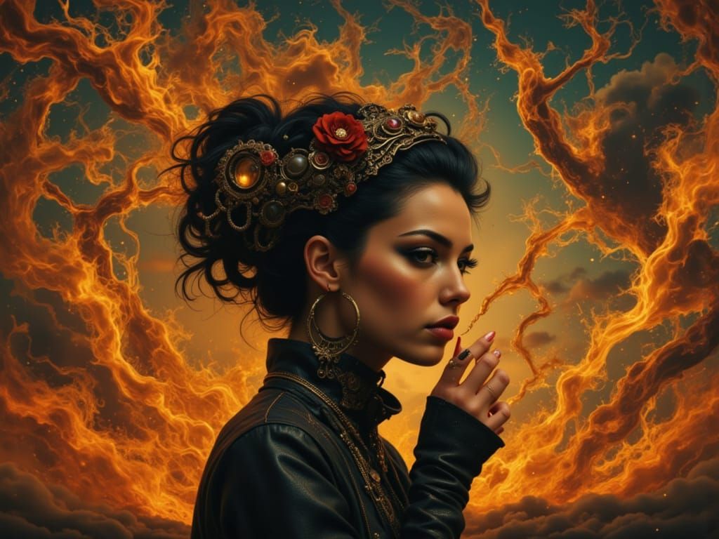 Woman with Fire Sky: Hyper-Realistic Digital Art