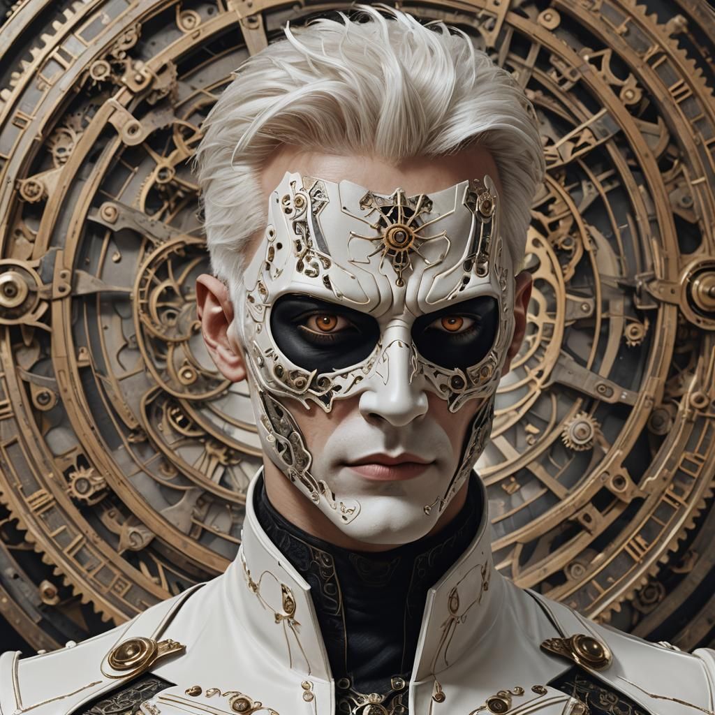 Clockwork Masked Man: Hyperrealistic Digital Portrait