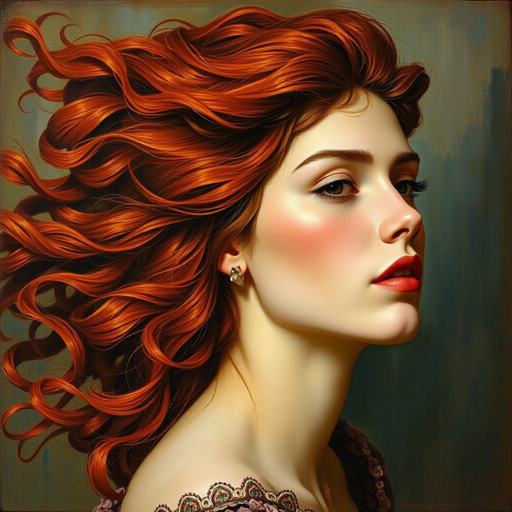 Woman with Flowing Red Hair in Art Nouveau Style