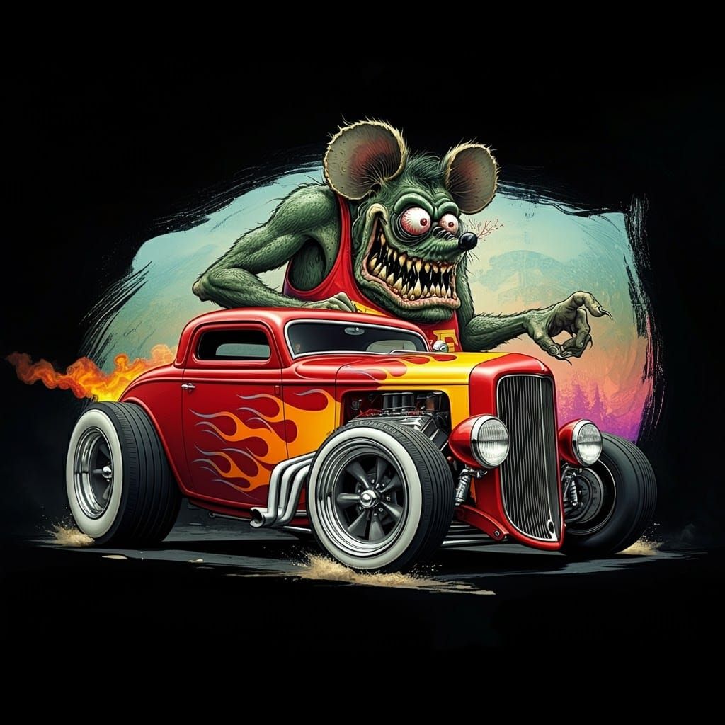 Grotesque Rat Fink Monster with Hot Rod in Kustom Kulture St...