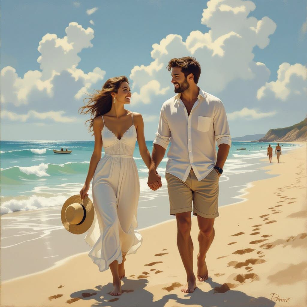 Couple Strolling on Beach at Sunset