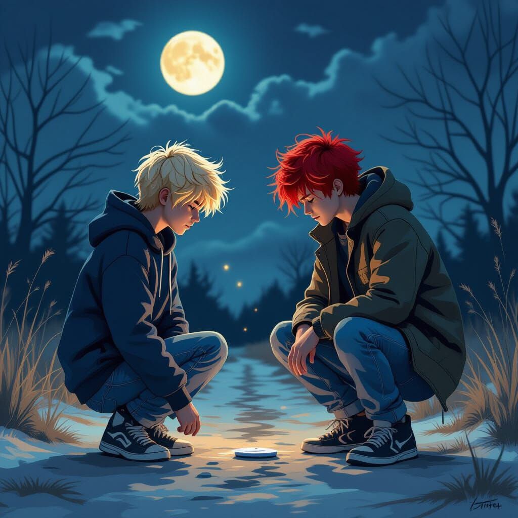 Teenagers Concealing Tracks Under Moonlight: Digital Art
