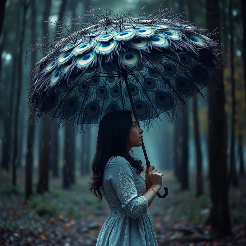 Girl Under Vibrant Peacock Umbrella in Forest Clearing