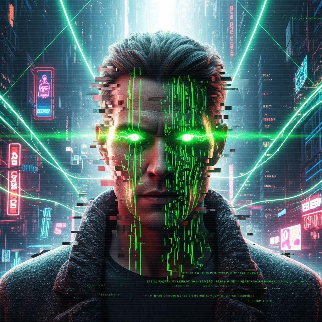 Glitching Cyberpunk Portrait of a Digital Deity