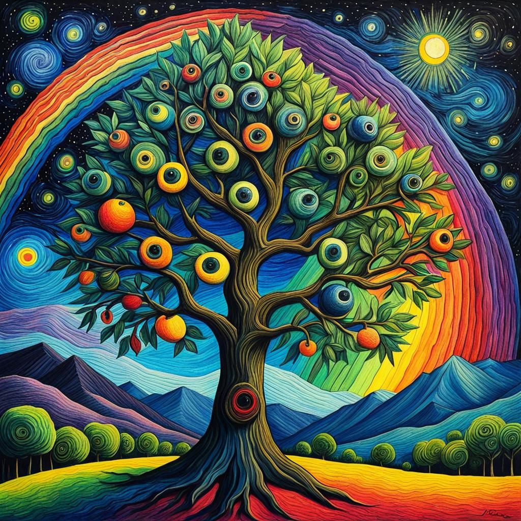 Whimsical Googly-Eyed Tree: Crayon and Starry Night Style