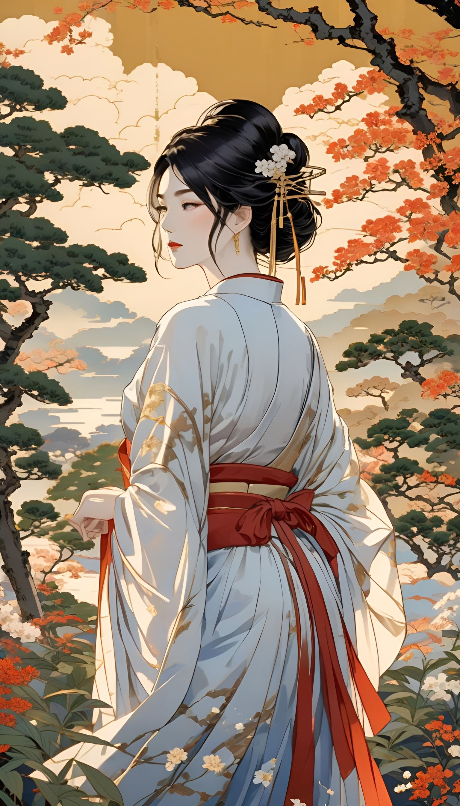 Elegant Japanese Lady in Serene Ukiyo-e Garden