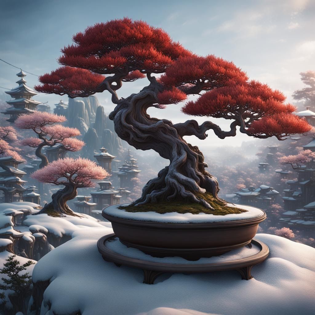 Bonsai Trees in Midwinter: Detailed Matte Painting