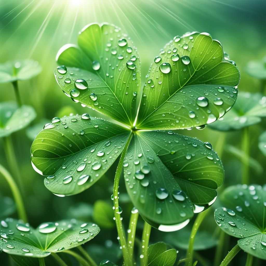Detailed Four-Leaf Clover with Dew Drops in Sunlight