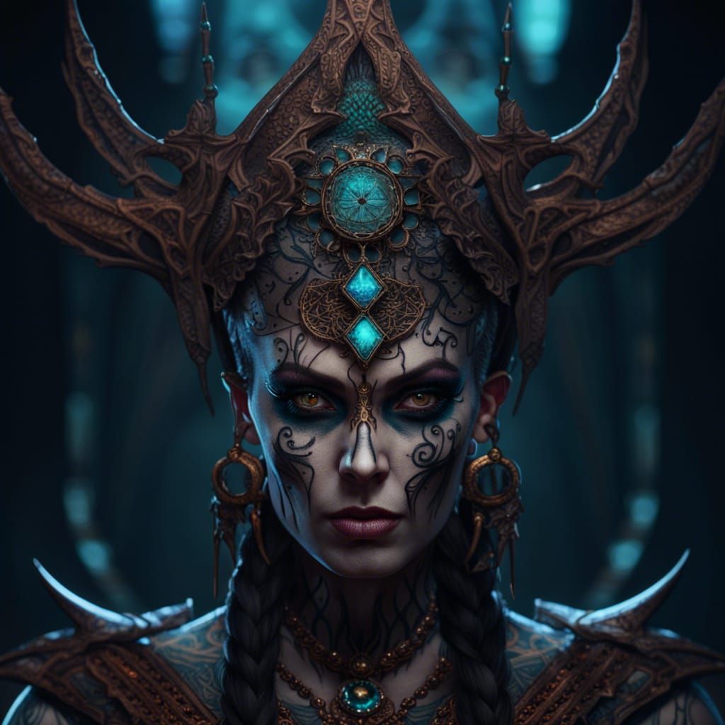 Evil Priestess with Inverted Cross Tattoo, Fantasy Art