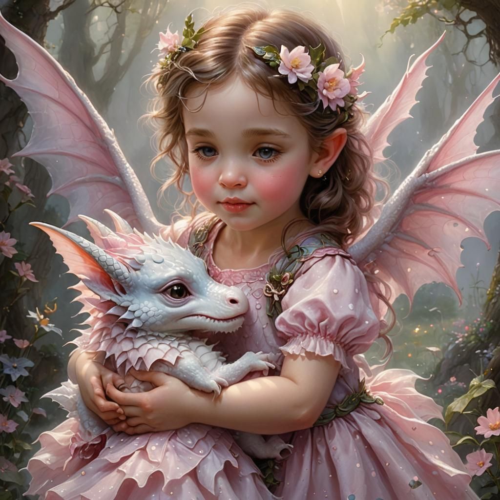 Fairy Girl with Baby Dragon in Ethereal Style