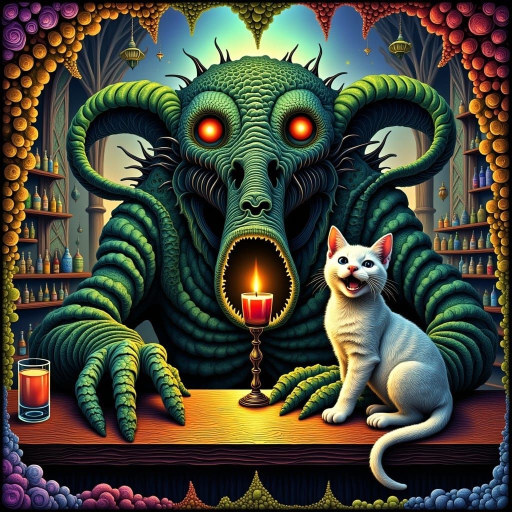 Lovecraftian Abomination Meets Kitten in Surreal Bar Scene