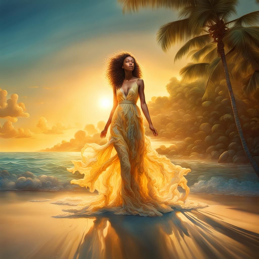 Sunlight Dress on Tropical Beach at Golden Hour