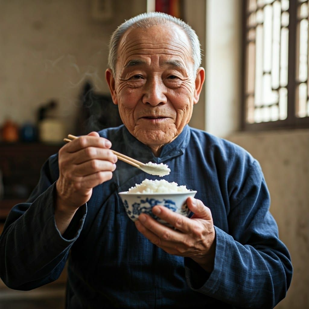 Elderly Chinese Man Enjoys Rice in Natural Light