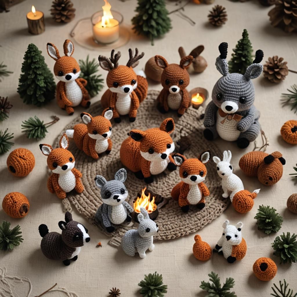Crochet Woodland Animals Around Campfire