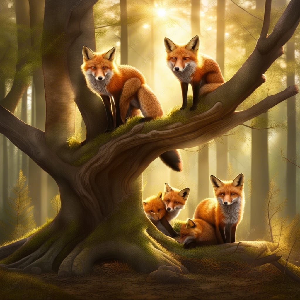 Red Foxes Play in Hyperdetailed Forest Sunlight