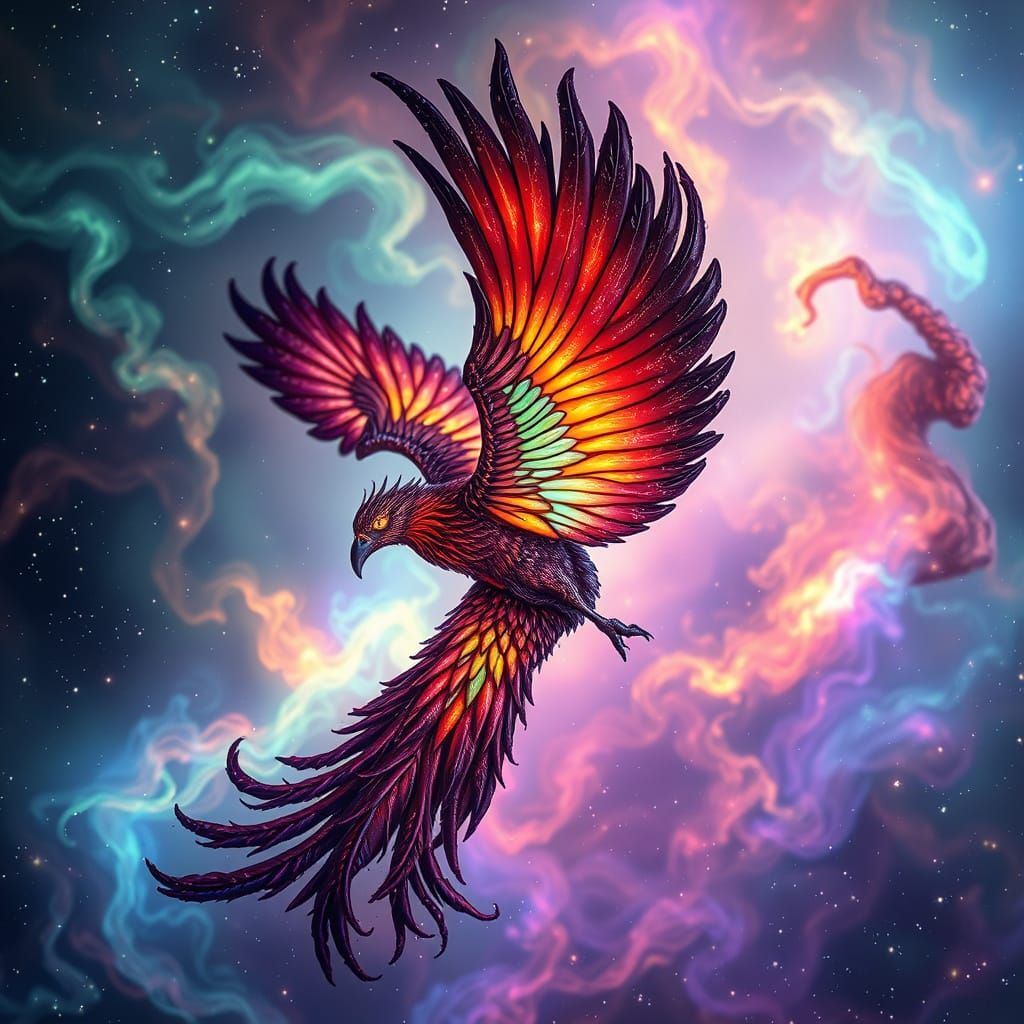Bioluminescent Chocolate Phoenix Soaring Through Cosmic Nebu...