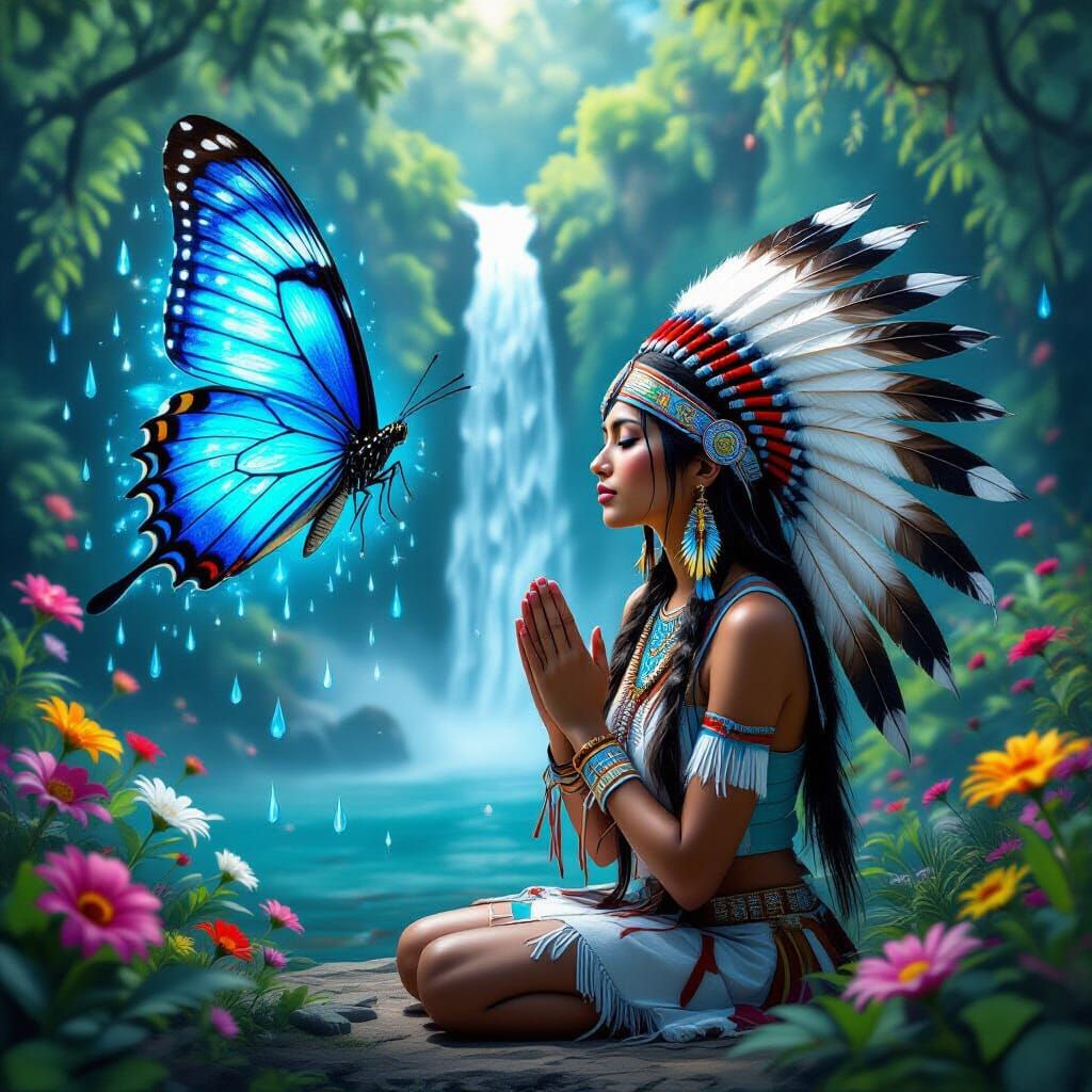 Native American Woman and Bioluminescent Butterfly