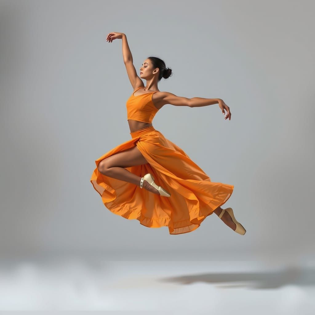Female Dancer in Mid-Air Pose, Orange Outfit