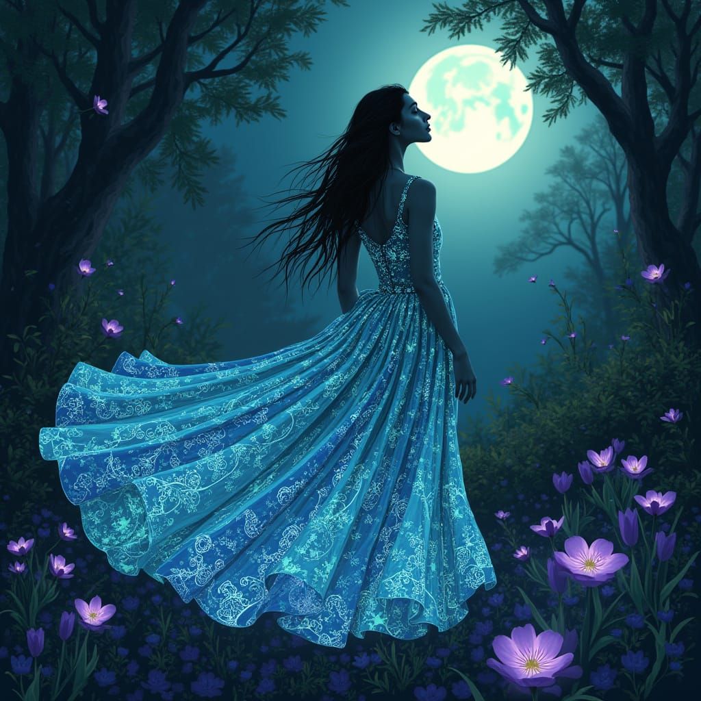 Mystical Moonlit Garden of Fractals and Bioluminescence