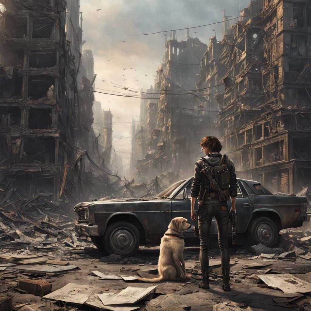 Dystopian Figure Ponders Devastation with Resilient Young Gi...