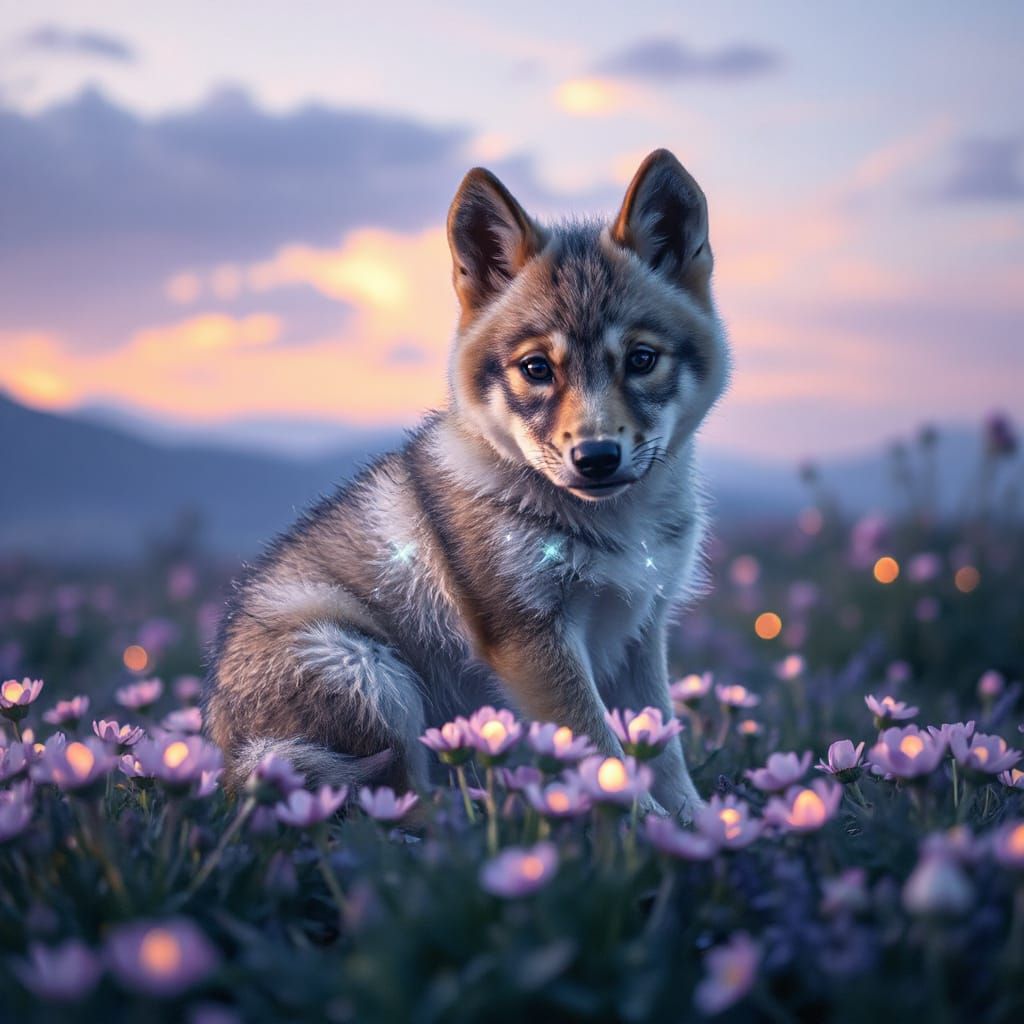 Mystical Starlight Wolf Pup in Glowing Flower Meadow