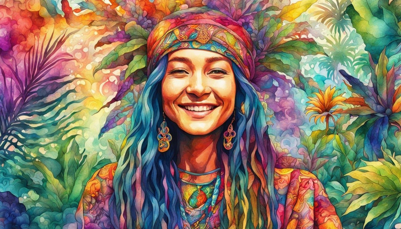 Psychedelic Priestess in Exotic Greenhouse: Watercolor Art