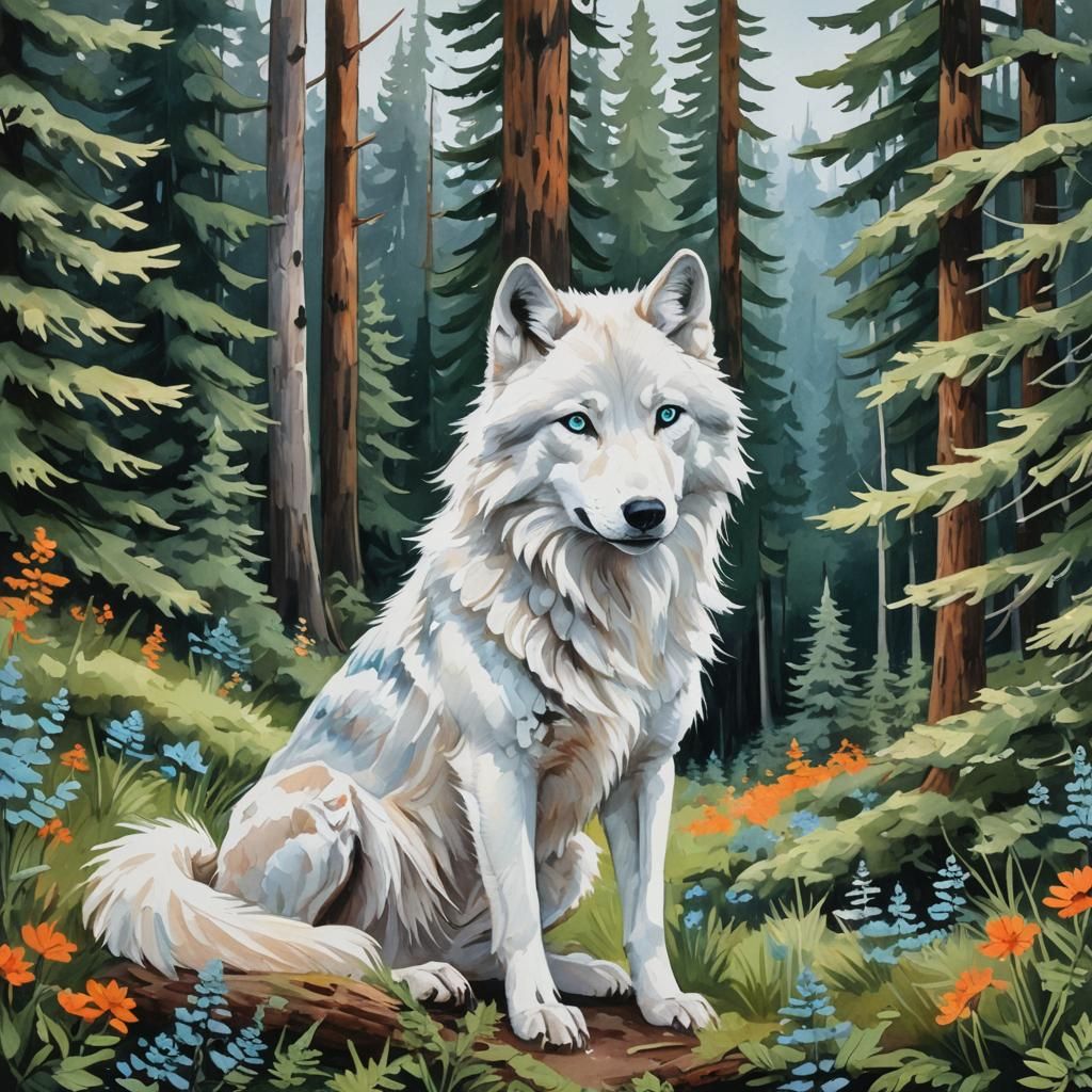 White Wolf in Forest, Whimsical Gouache Painting
