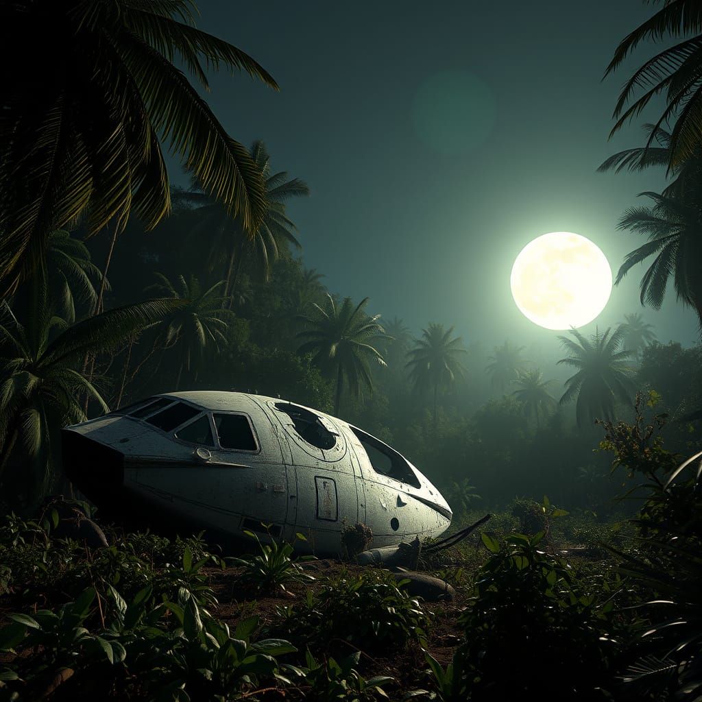 Crashed UFO Wreckage in African Jungle Under Full Moon
