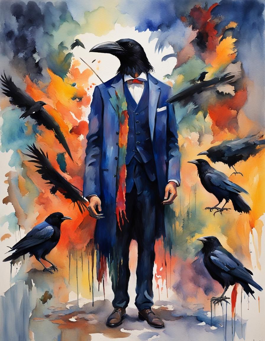 Crow-Headed Figure Casting a Spell in Gouache Style