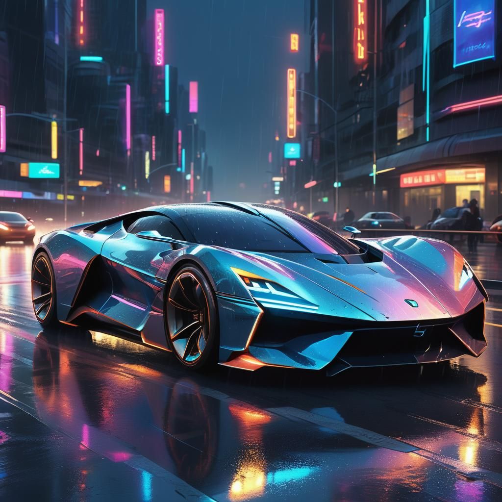 Futuristic Supercar Speeds Down Neon Highway